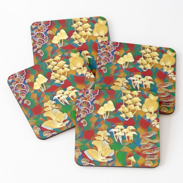 Item preview, mushrooms, golden, triangular, toadstools, fly agarics, psycho mushrooms, multicolored designed and sold by Maria Mihailova.