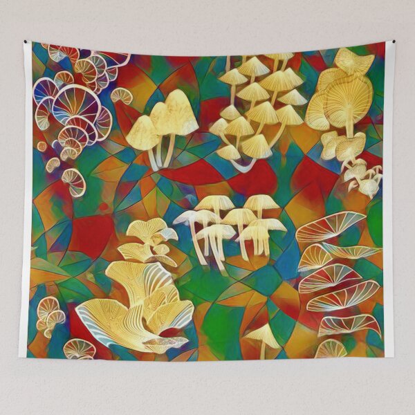 Item preview, mushrooms, golden, triangular, toadstools, fly agarics, psycho mushrooms, multicolored designed and sold by Maria Mihailova.
