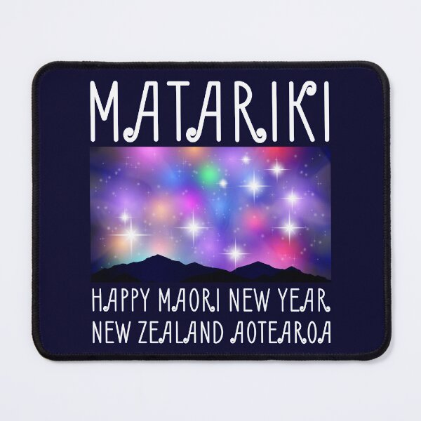 Item preview, New Zealand (Aotearoa) Matariki festival. Happy New Year Maori. Bright shining star pleiades and colored glowing nebulae in the night sky. Silhouettes of mountains designed and sold by GAleksS.