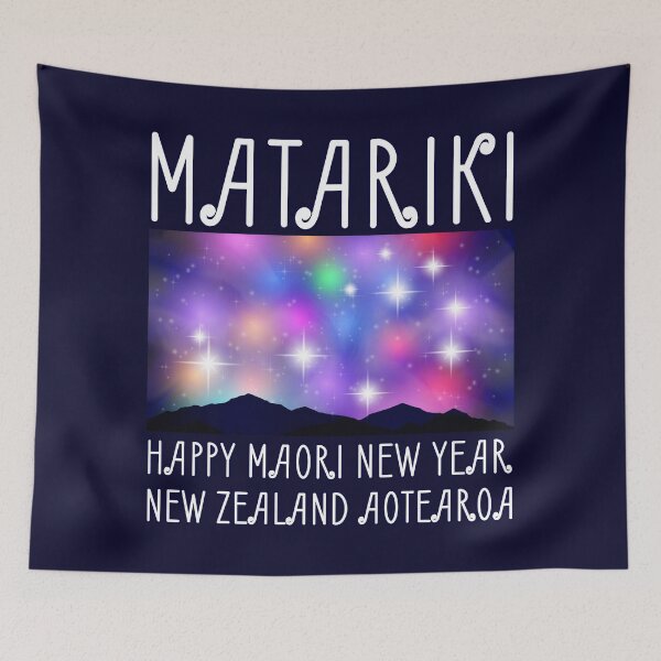 Item preview, New Zealand (Aotearoa) Matariki festival. Happy New Year Maori. Bright shining star pleiades and colored glowing nebulae in the night sky. Silhouettes of mountains designed and sold by GAleksS.