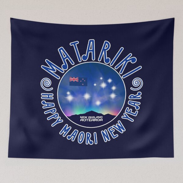Item preview, Happy Maori New Year. Matariki is winter holiday of New Zealand or Aotearoa. A silhouette of mountains against the background of a nebula and starry pleiades designed and sold by GAleksS.