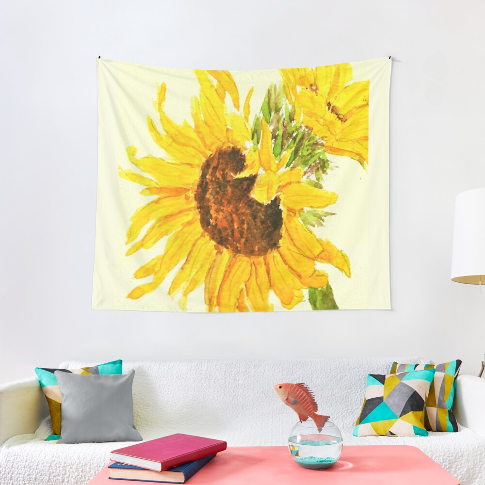Disover sunflower watercolor painting macro Tapestry