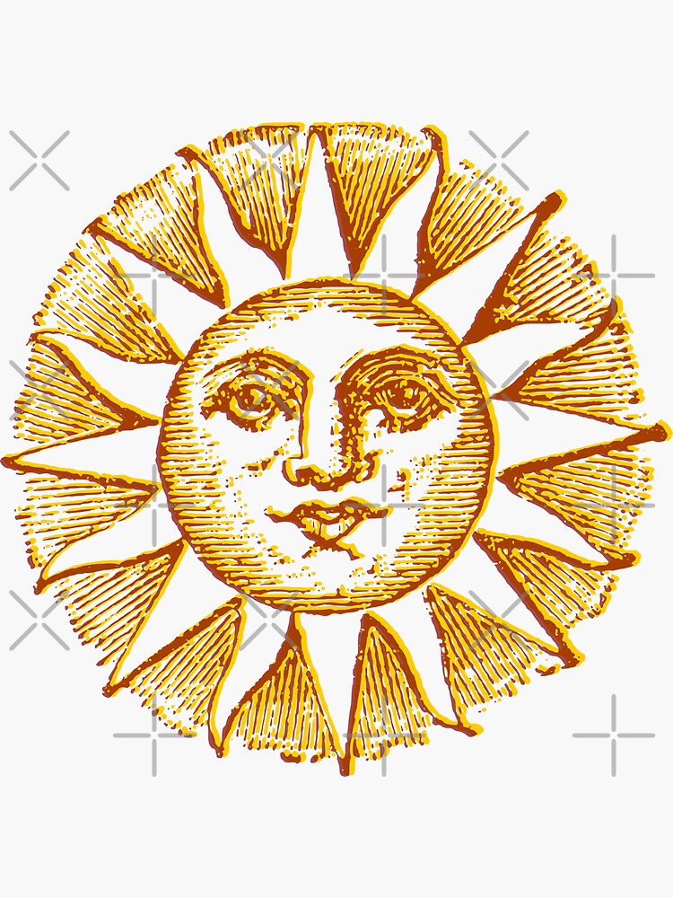 celestial golden sun with face line drawing vintage | Sticker