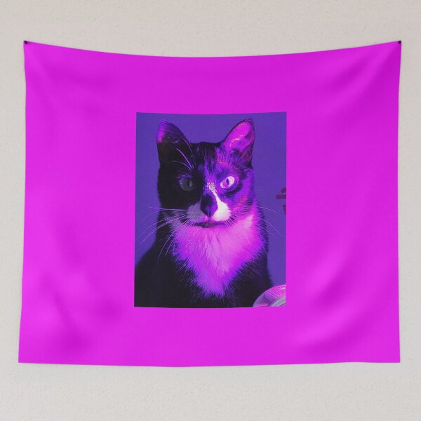 Item preview, Purple laser lit tuxedo cat on hot pink background.  designed and sold by imyournightmare.