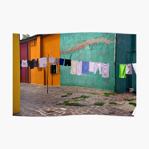 Burano Italy Piazza with Hanging Laundry N103 Poster