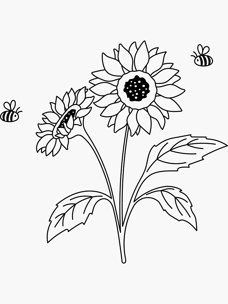 "Black and white sunflowers and bees" Sticker for Sale by