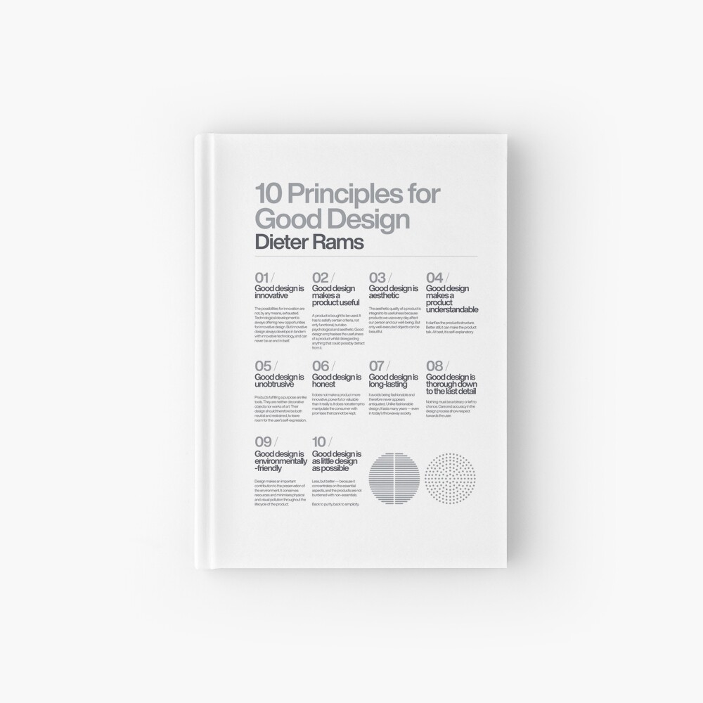 10 Principles for a good Design, Dieter Rams, White, Braun, Helvetica, Typographic, Quote, Modern Art, Wall Ar, Industrial Design Hardcover Journal