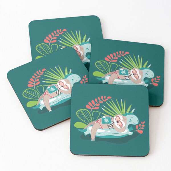 Item preview,  Sloth hanging till summer // green background teal aqua limerick green and coral tropical leaves and floral red bikini designed and sold by SelmaCardoso.