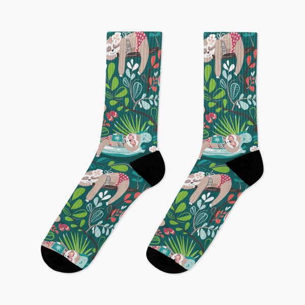 Item preview,  Sloth hanging till summer // green background teal aqua limerick green and coral tropical leaves and floral red bikini designed and sold by SelmaCardoso.