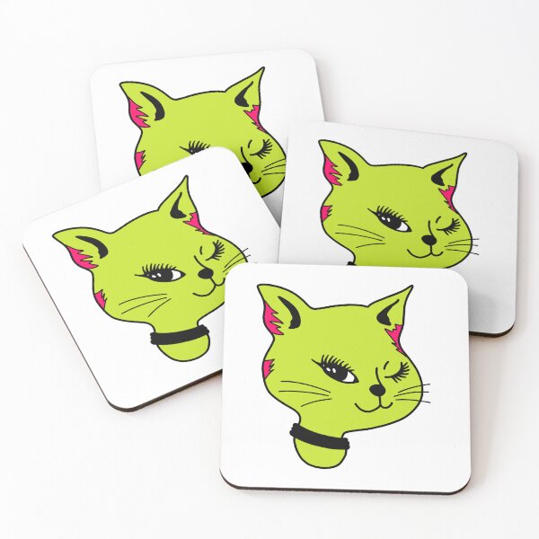 Item preview, Y2K 2000's Neon Green Winking Punk Cat Kitten  designed and sold by It Me Designs.