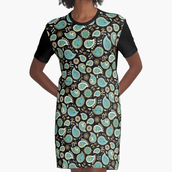 Hedgehog Paisley_Teal BgBlack Graphic T-Shirt Dress