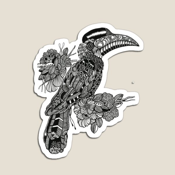 Decorative Hornbill Black and White Doodle Art Magnet