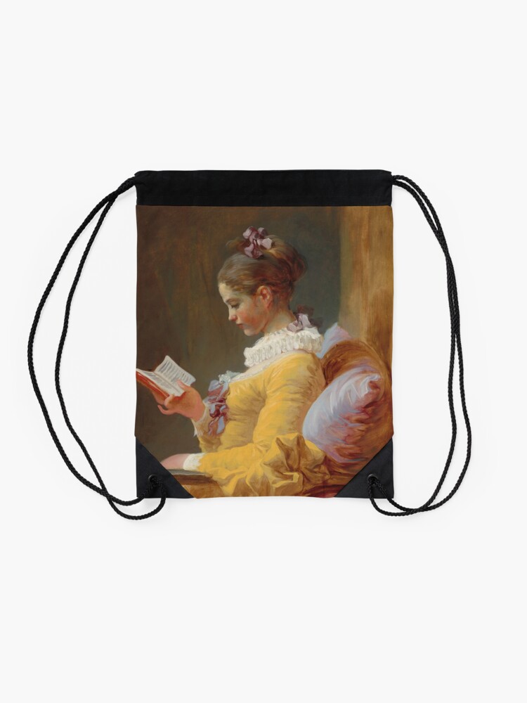 Alternate view of Young Girl Reading Painting by Jean-Honoré Fragonard Drawstring Bag