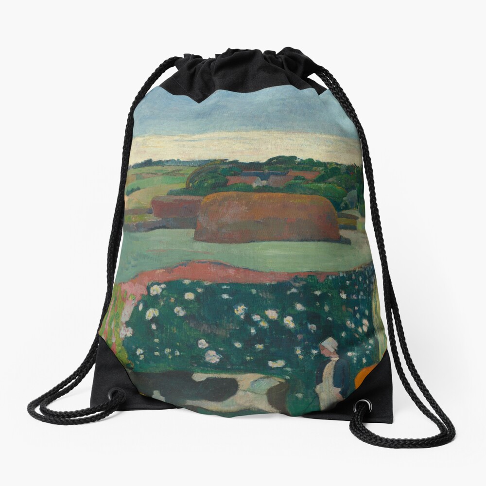 Haystacks in Brittany Oil Painting by Paul Gauguin Drawstring Bag