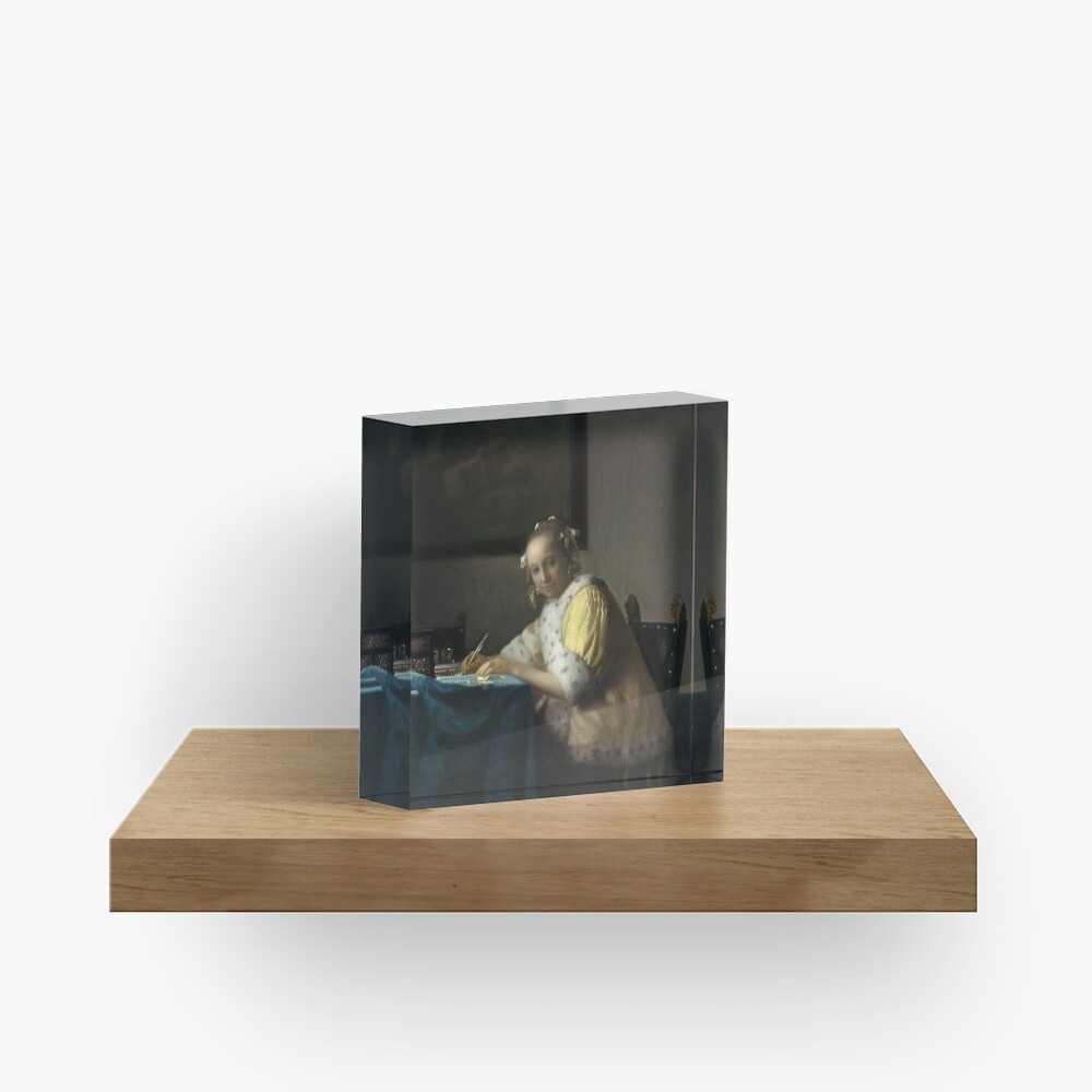 A Lady Writing Oil Painting by Johannes Vermeer Acrylic Block