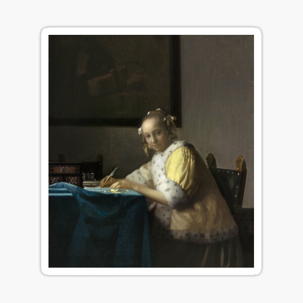 A Lady Writing Oil Painting By Johannes Vermeer Sticker By Podartist   St,small,507x507 Pad,600x600,f8f8f8.u5 