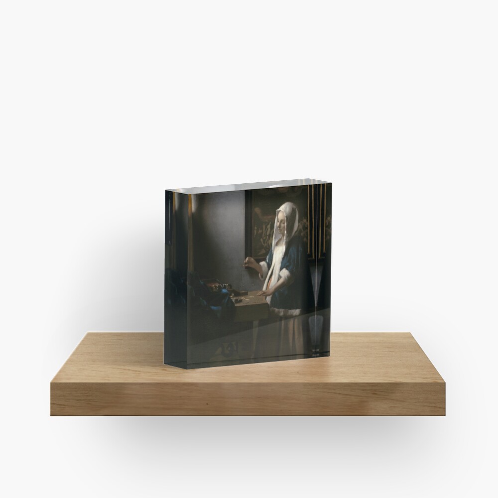 Woman Holding a Balance Oil Painting by Johannes Vermeer Acrylic Block