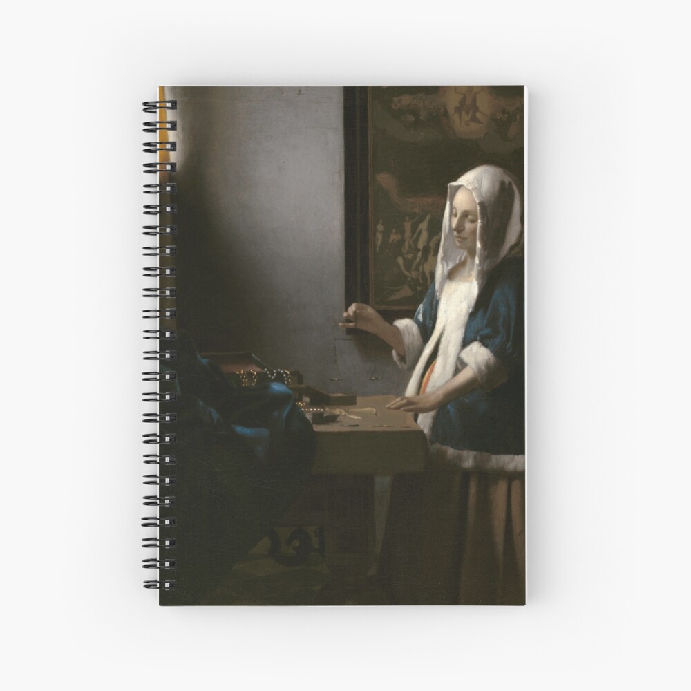 Woman Holding a Balance Oil Painting by Johannes Vermeer Spiral Notebook