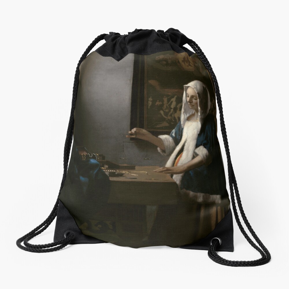 Woman Holding a Balance Oil Painting by Johannes Vermeer Drawstring Bag