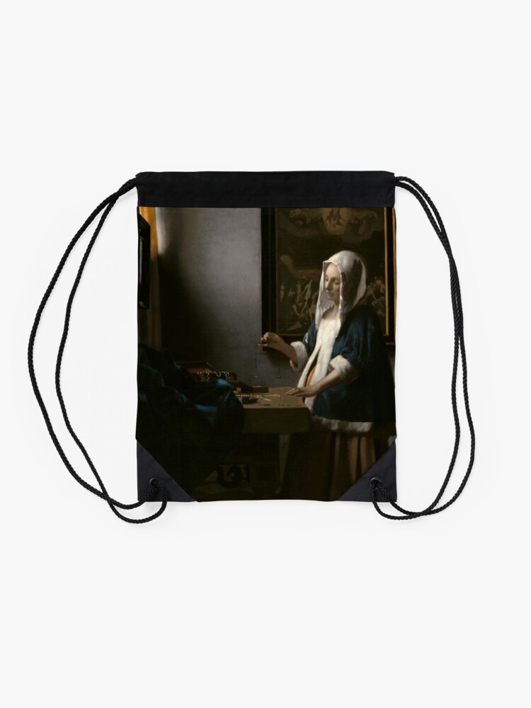 Alternate view of Woman Holding a Balance Oil Painting by Johannes Vermeer Drawstring Bag