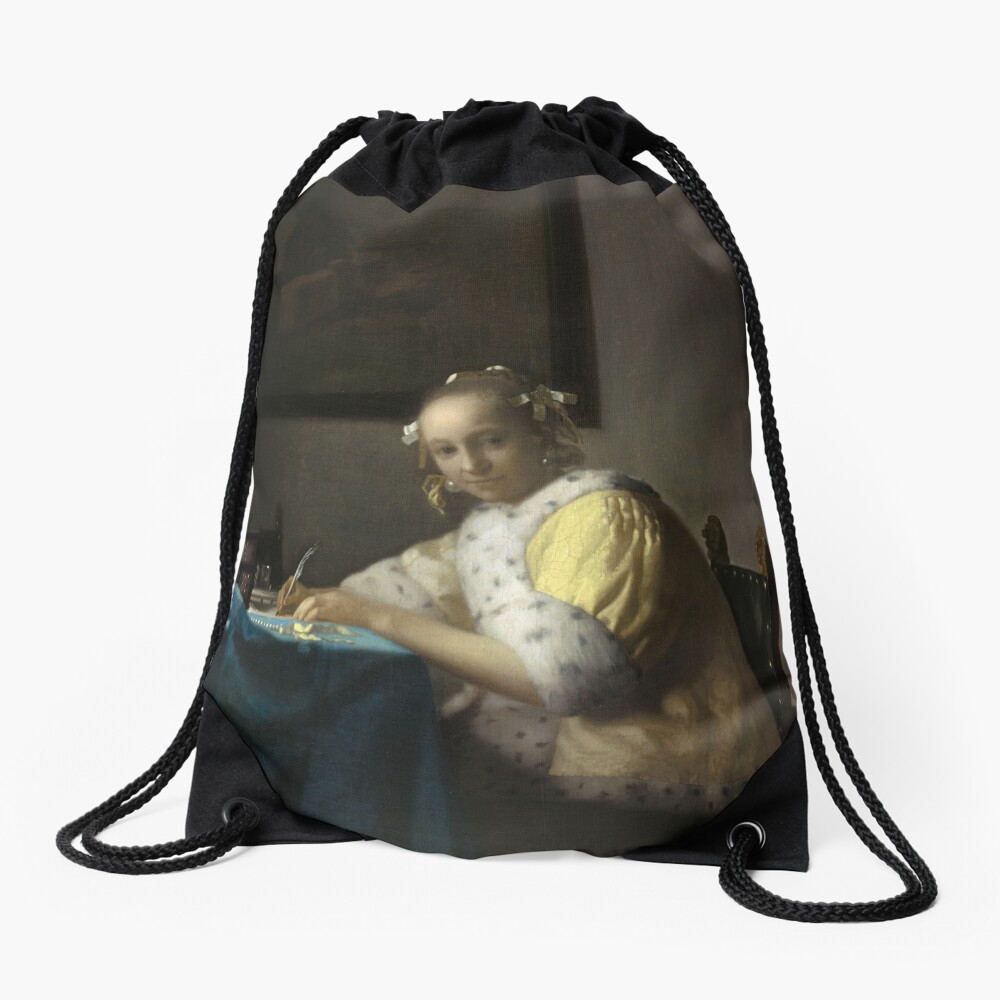 A Lady Writing Oil Painting by Johannes Vermeer Drawstring Bag