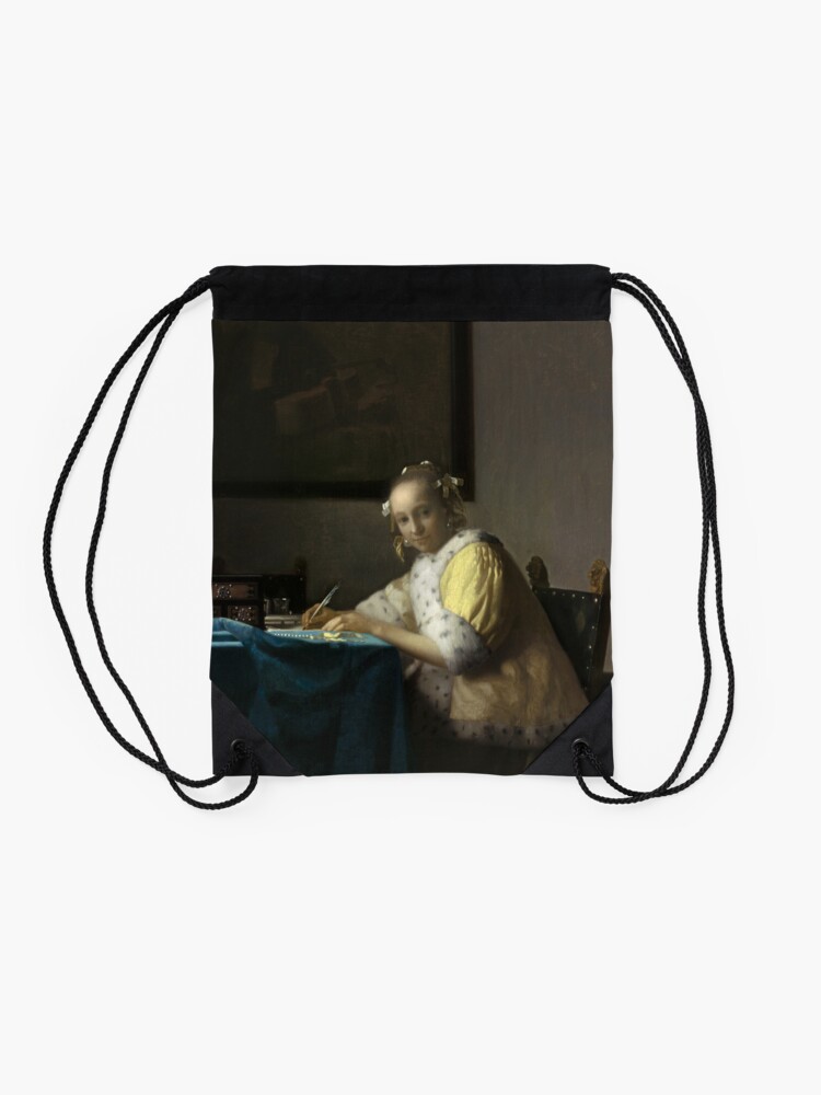 Alternate view of A Lady Writing Oil Painting by Johannes Vermeer Drawstring Bag