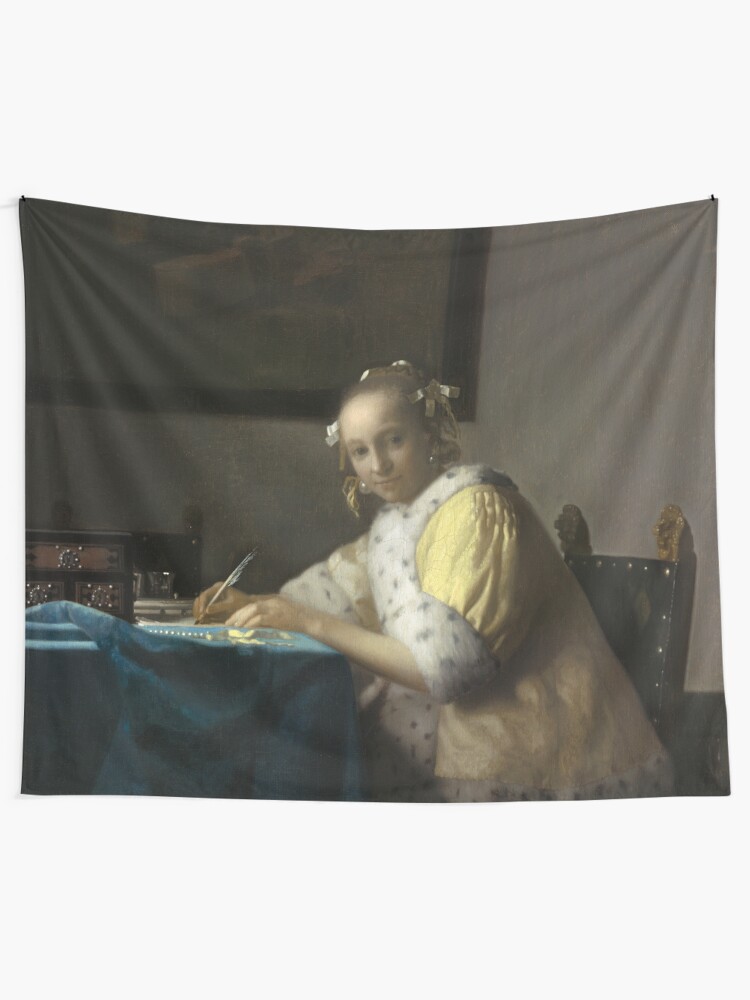 Alternate view of A Lady Writing Oil Painting by Johannes Vermeer Tapestry