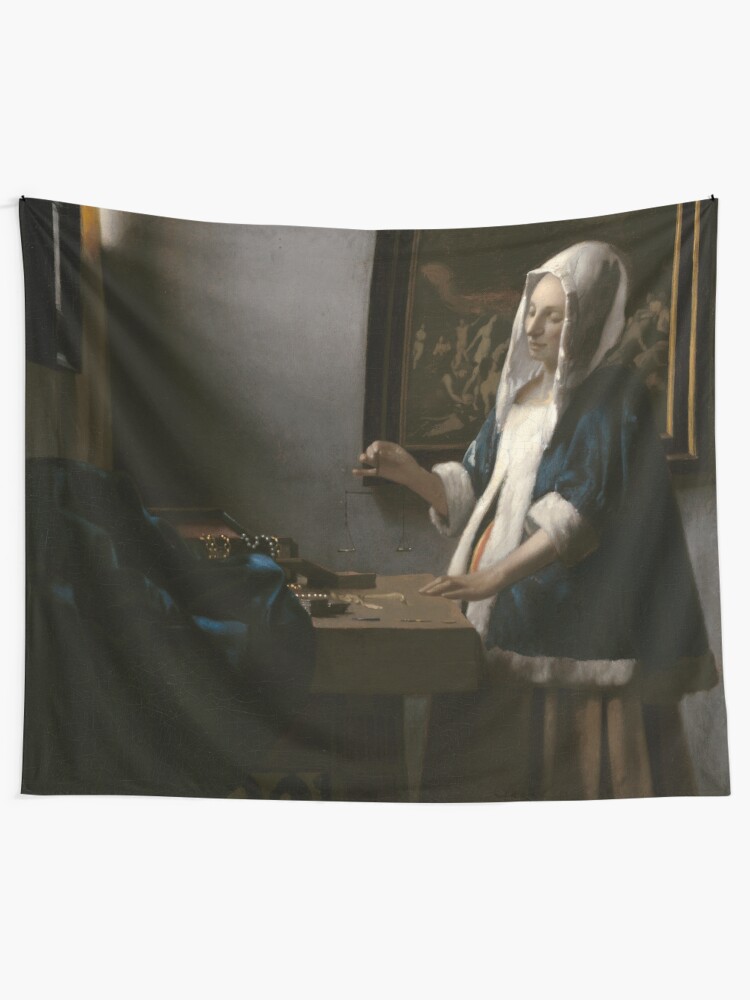 Alternate view of Woman Holding a Balance Oil Painting by Johannes Vermeer Tapestry