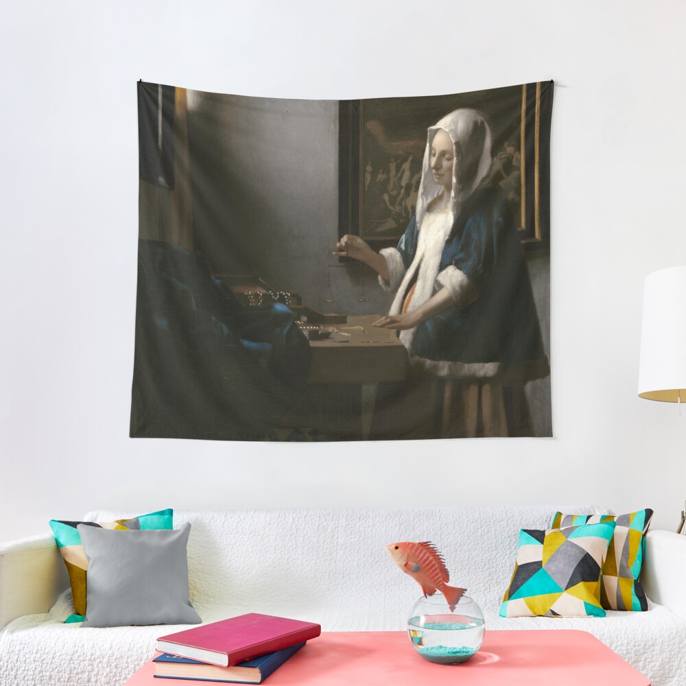 Woman Holding a Balance Oil Painting by Johannes Vermeer Tapestry