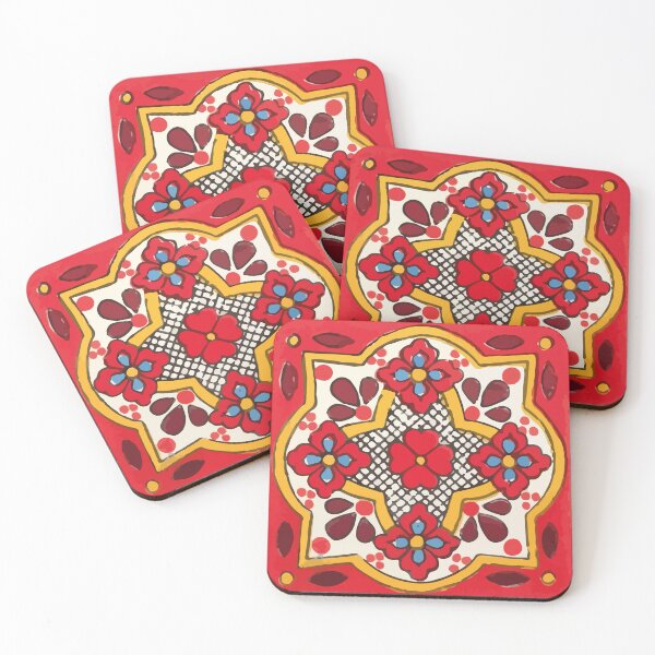 Item preview, Four red flowers vintage mexican talavera tile designed and sold by T-Mex.