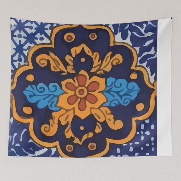 Item preview, Navy blue flower vintage pattern talavera tile designed and sold by T-Mex.