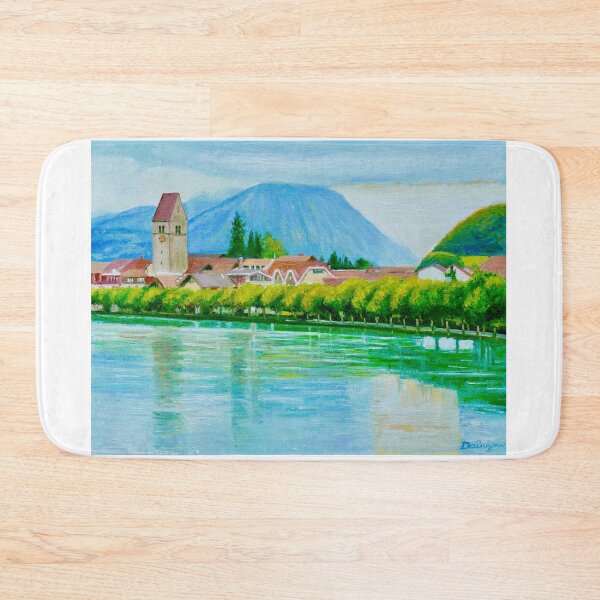 Artikelvorschau, Schweizer Riverside Village bei Sonnenuntergang entworfen und verkauft von Dai Wynn Fine Art.
