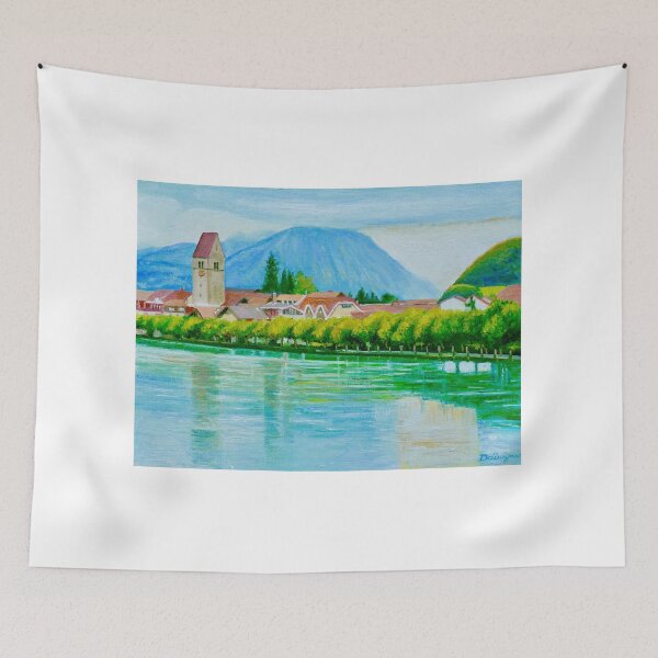 Item preview, Swiss Riverside Village at Sunset designed and sold by Dai Wynn Fine Art.