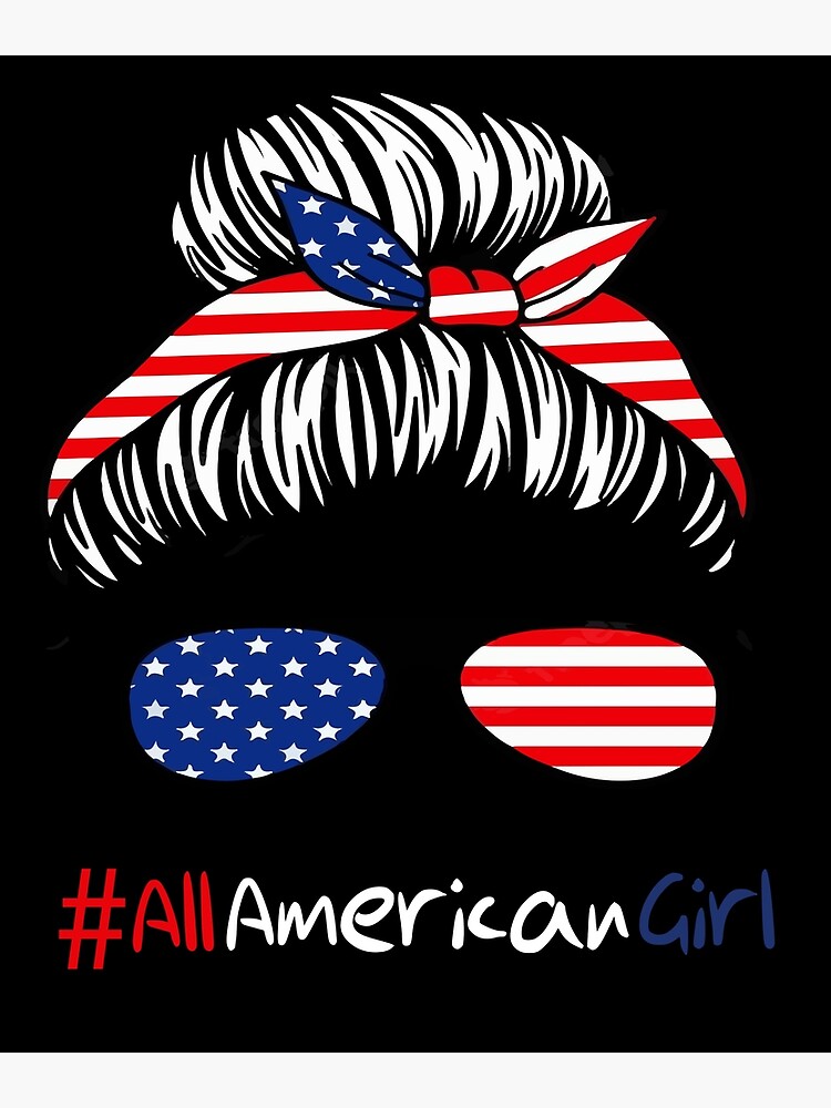  All American Girl 4th Of July Shirt Women Messy Bun USA Flag T- Shirt : Clothing, Shoes & Jewelry