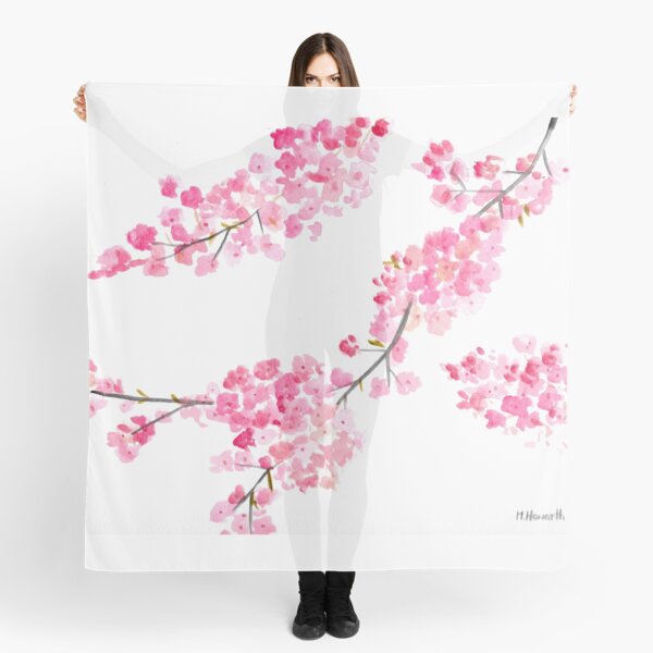 Women's Vintage Pink Scarf Cherry Blossoms Flower Print 100% Silk Kerchief 53cm