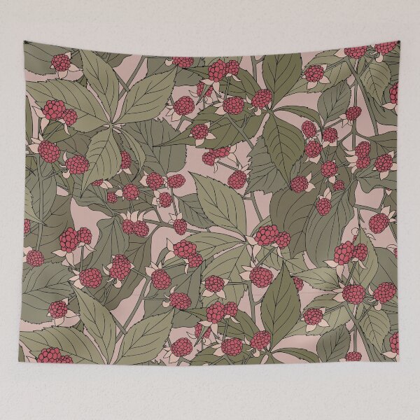 Item preview, Vintage pattern with ripe raspberry bush on beige background. Berry with leaves designed and sold by hmorena.