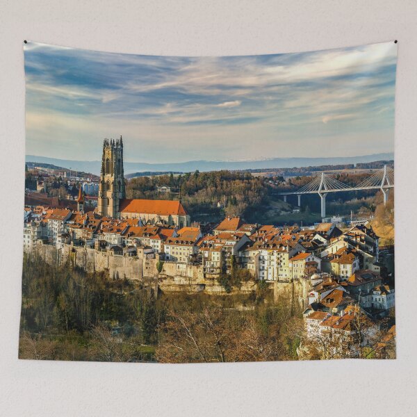 Item preview, Old medieval city Fribourg on the hill, Switzerland, sunset time, panoramic view designed and sold by Alexander Sorokopud.