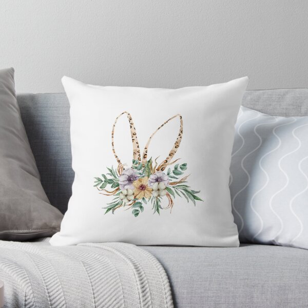 Cute floral bunny ears watercolor illustration Throw Pillow
