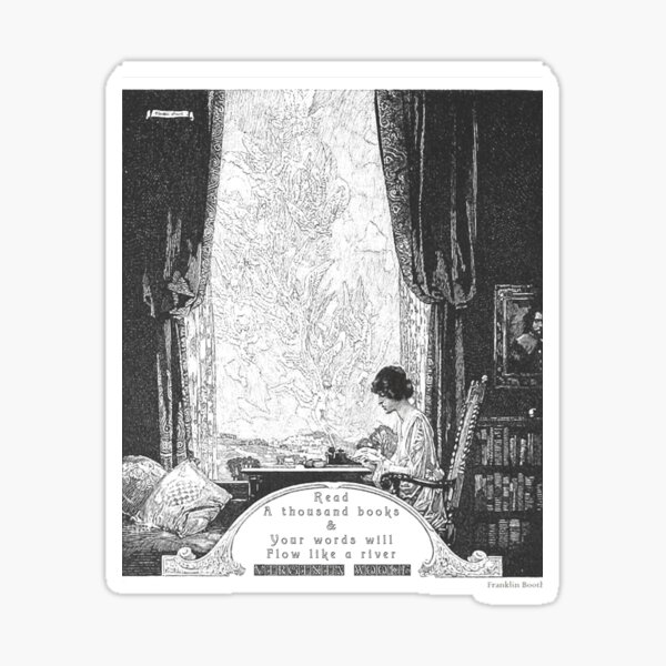 Virginia Woolf Book and Reading Quote Franklin Booth Woman in Library Writing Dark Academia Ink Illustration Sticker