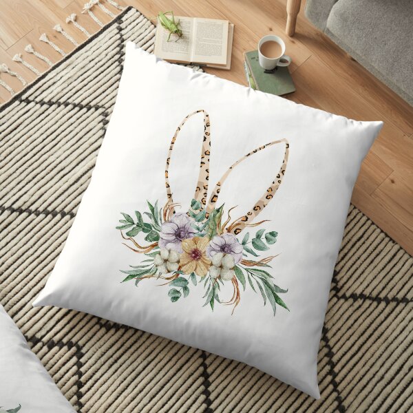 Cute floral bunny ears watercolor illustration Floor Pillow