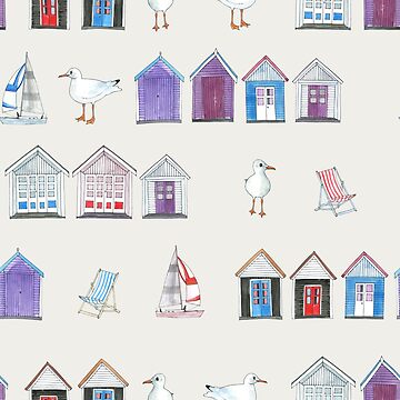 Artwork thumbnail, Beach Huts, Bournemouth - on grey - watercolour pattern by Cecca Designs by Cecca-Designs