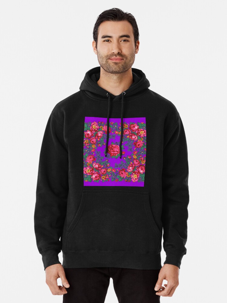 Purple Pink Tea Rose Native Floral Print Pullover Hoodie