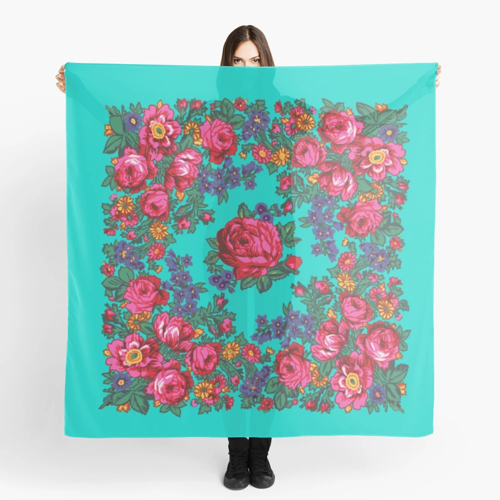 Turquoise / Pink Tea Rose Native Floral Print Scarf for Sale by JMWCD