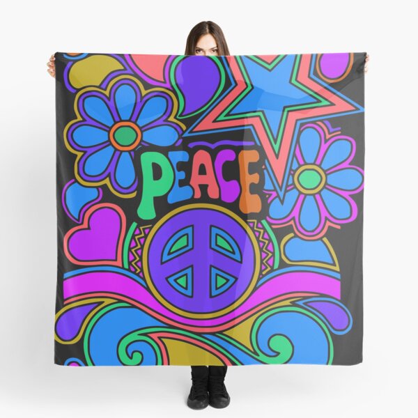 Peace and Love Flowers and Stars Hippie Design Scarf