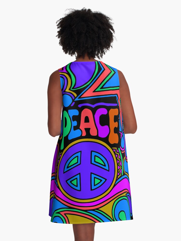 Thumbnail 3 of 4, A-Line Dress, Peace and Love Flowers and Stars Hippie Design designed and sold by Alondra.