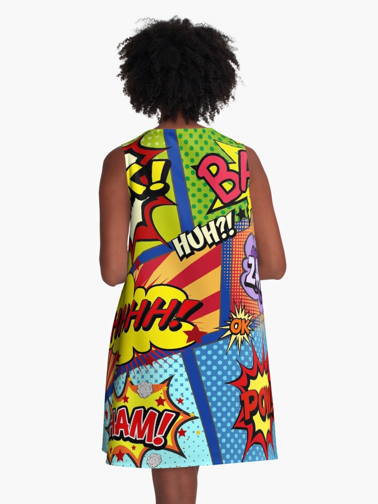 Thumbnail 3 of 4, A-Line Dress, Colorful Comic Book Panels designed and sold by Alondra.