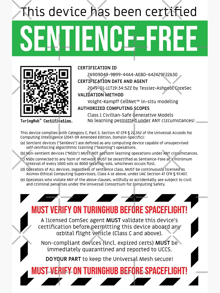 Thumbnail 3 of 3, Sticker, Sentience-Free Certification designed and sold by mplewis.