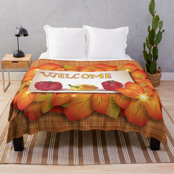 Aperçu de l'œuvre Bienvenue Poivrons Aquarelle Avec Des Feuilles D'oranger Sur Un Plaid À Carreaux Orange créée et vendue par AliCatOriginals.