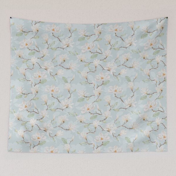Item preview, Delicate White Magnolia Leafy Branches on Sky Blue designed and sold by SydneyPapierCo.