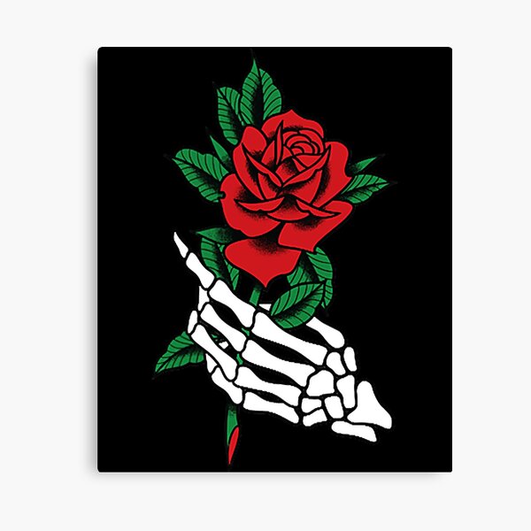 White Skeleton Hand Holding A Red Rose Tattoo Graphic Canvas Print